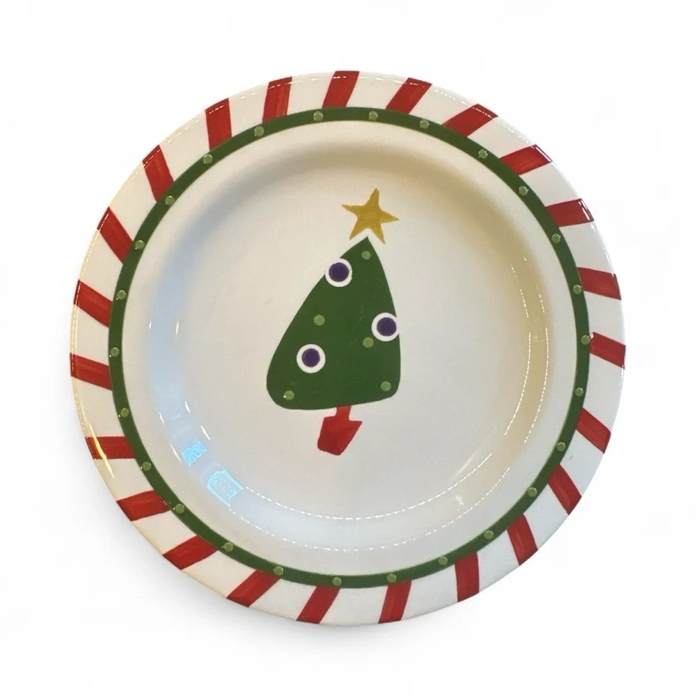 Set Of 4 Pier 1 Hand Painted Ironstone Christmas Tree Salad Dessert Plates 8